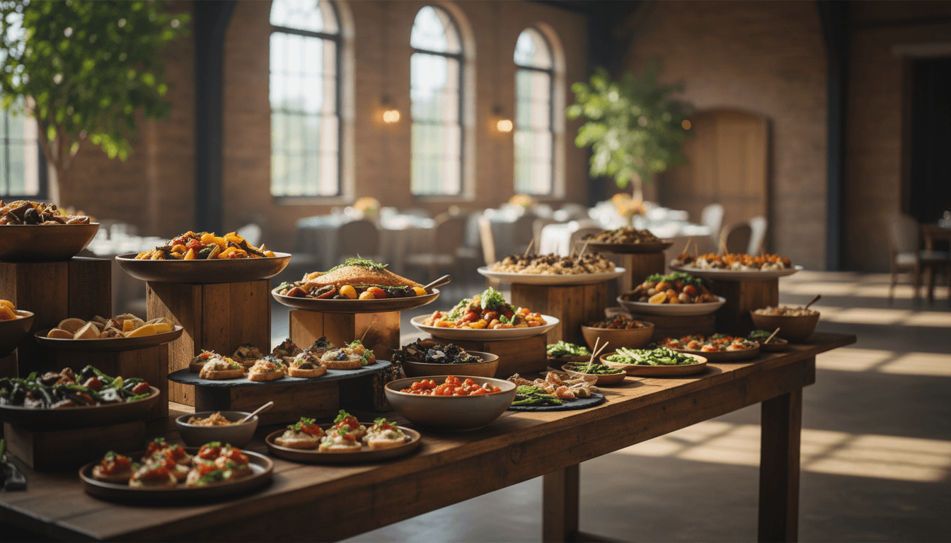 Beautifully arranged catering buffet with fresh appetizers and plated dishes