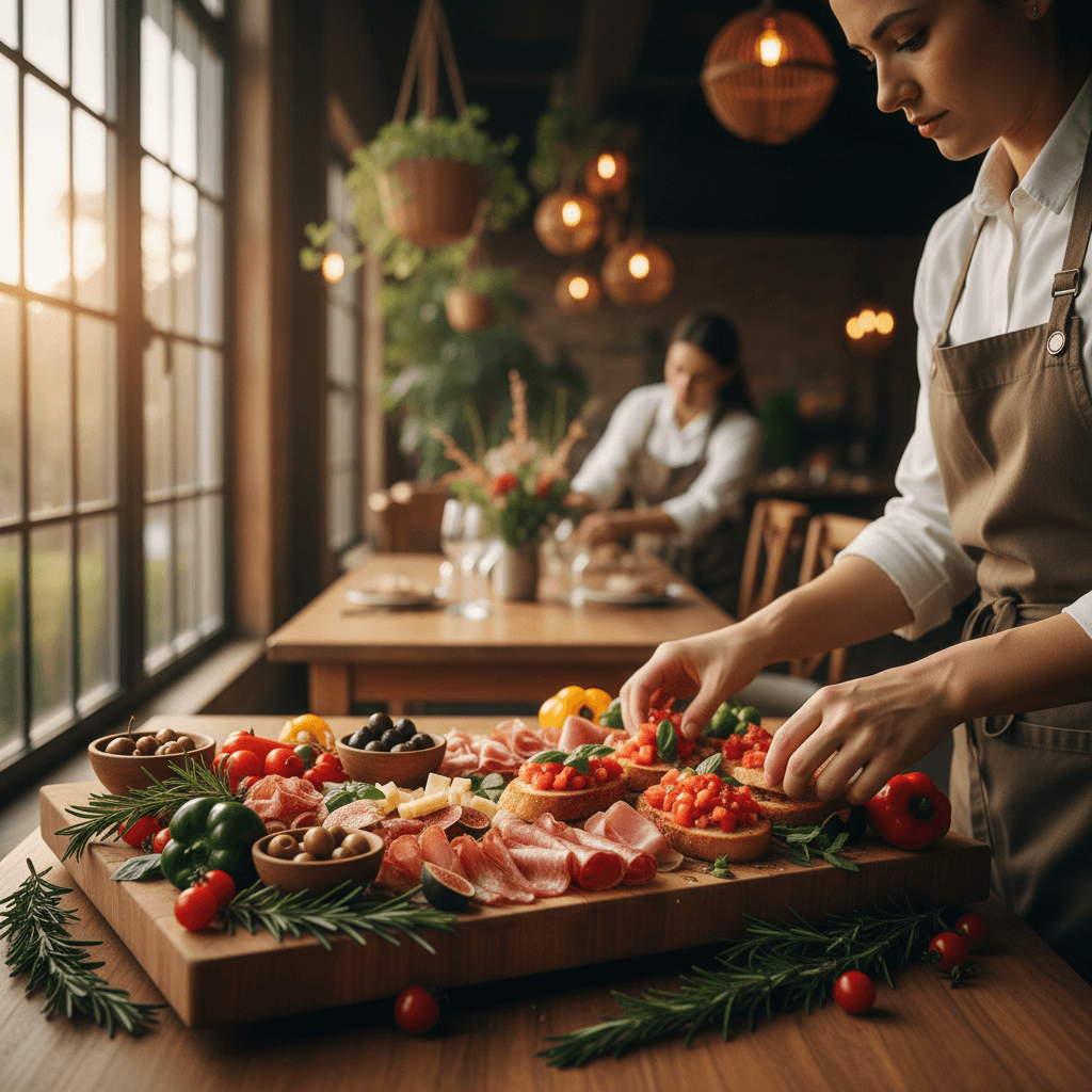 Catering staff arranging fresh appetizers on a wooden board