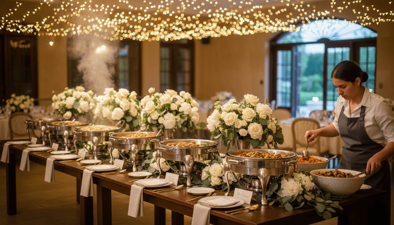 Elegant buffet table set up for a wedding reception