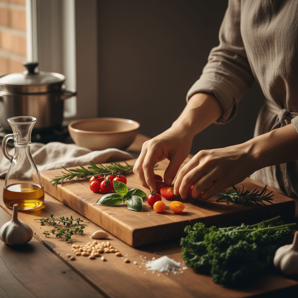 Catering chef arranging appetizers on a wooden board in a warm kitchen
