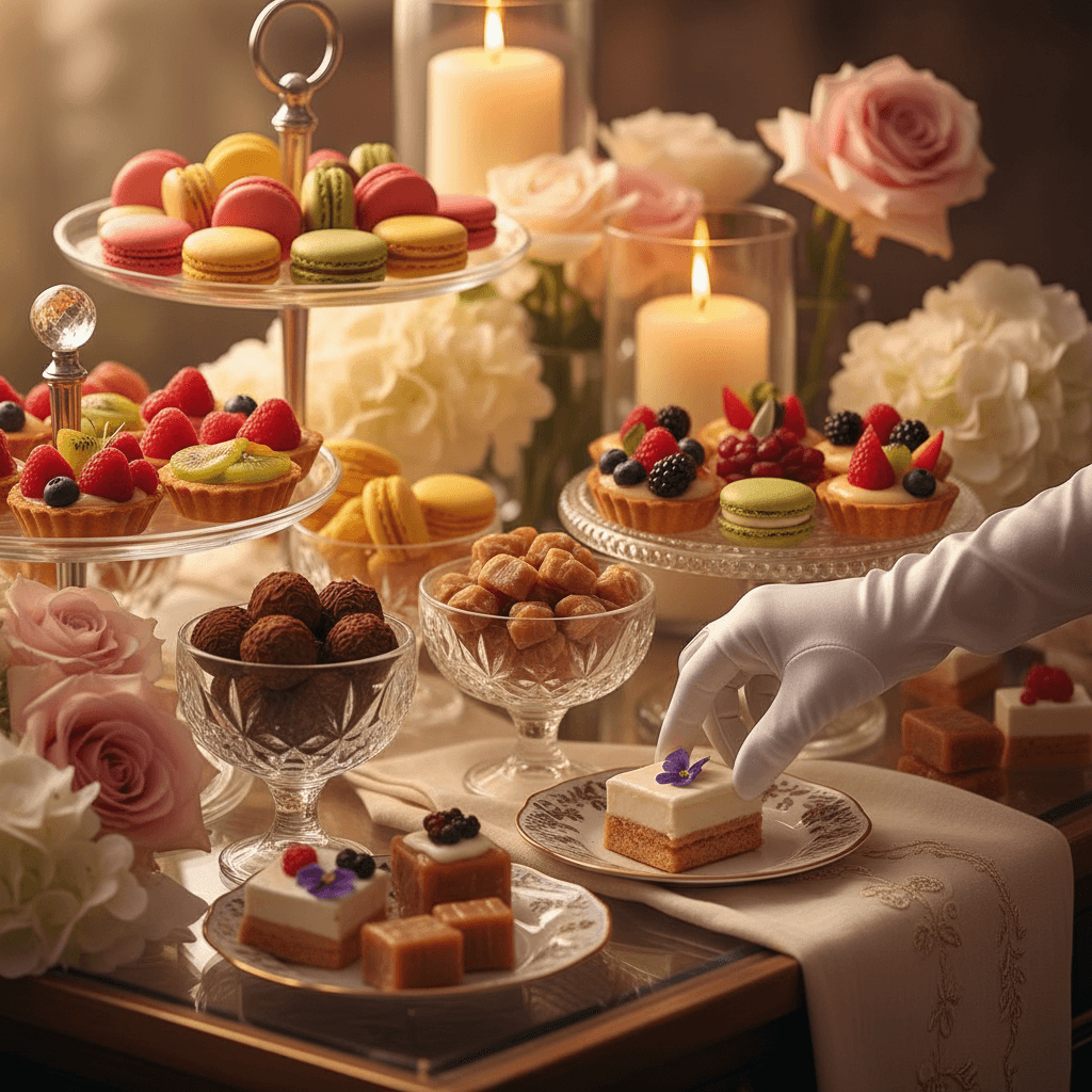 Dessert table with macarons and cake