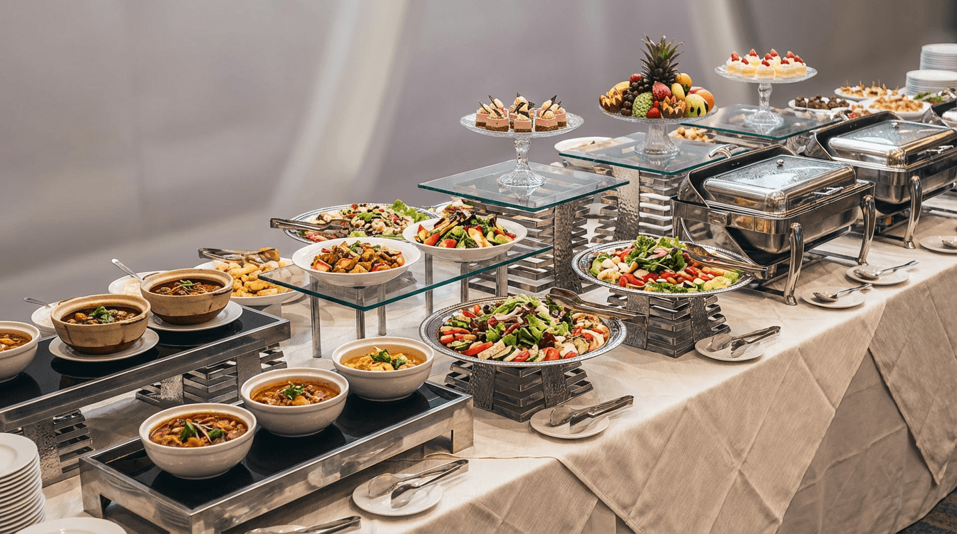 Overhead spread of buffet dishes with salads and warm chafing dishes on a linen-dressed table
