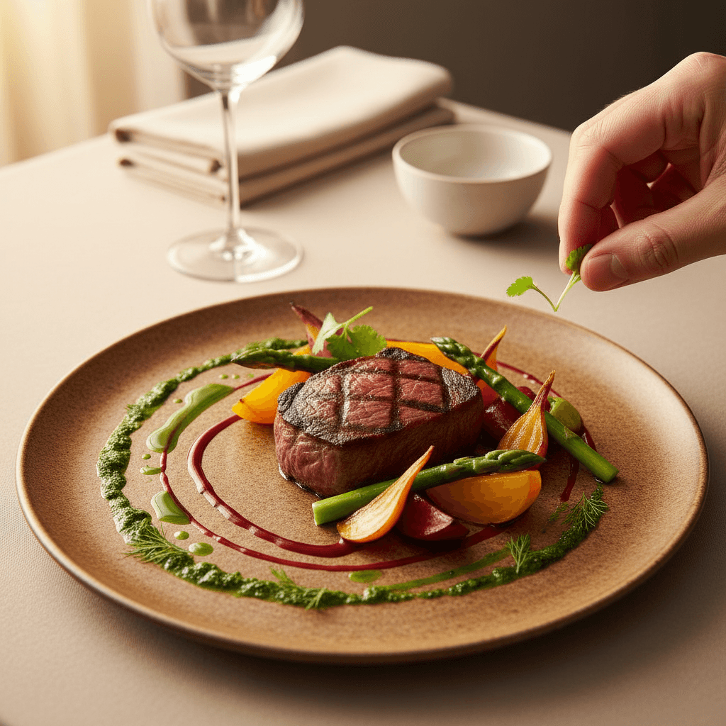 Close-up of an elegantly plated main course with sauce drizzle and precise garnish