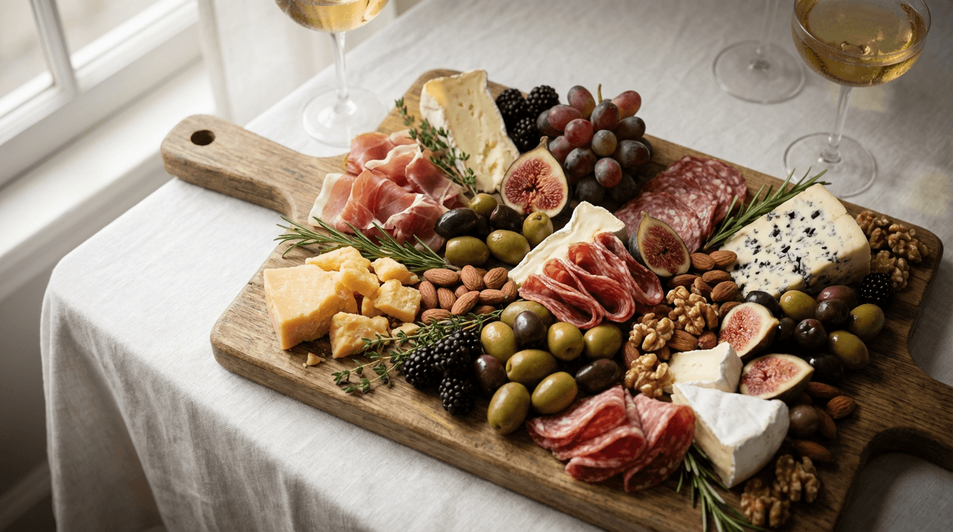 Caterer arranging a charcuterie board at an event