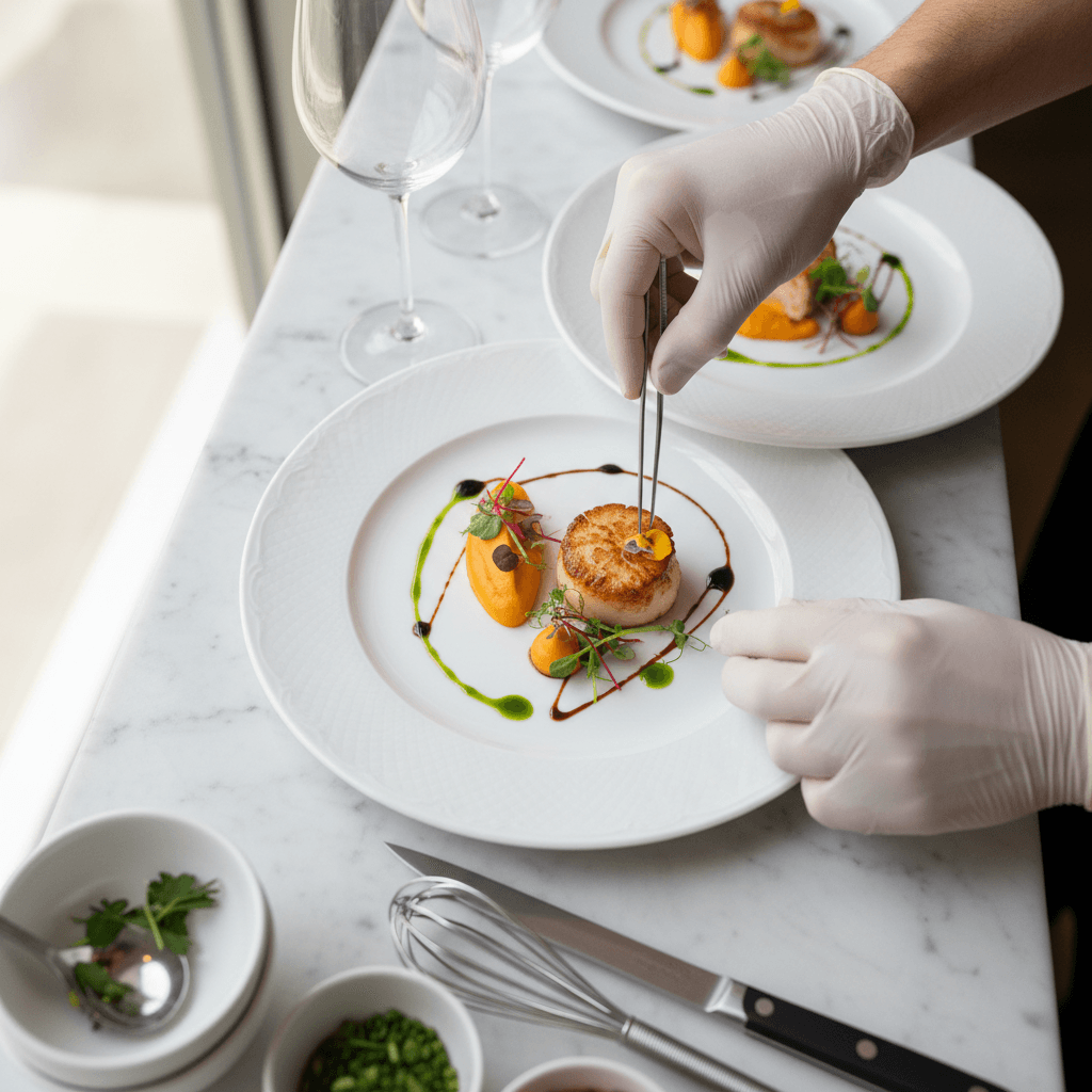 Caterer arranging food display