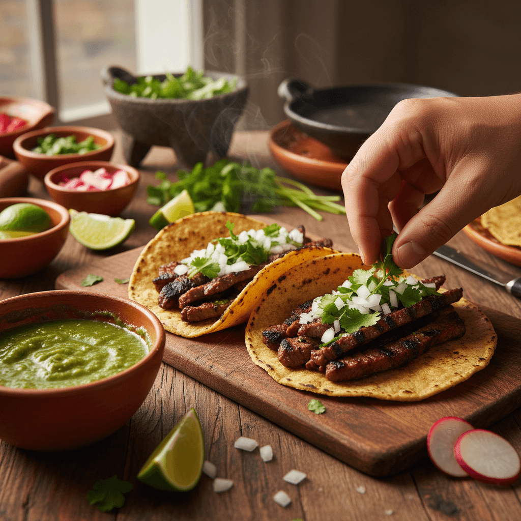 Chef assembling tacos at a live action catering station during an event