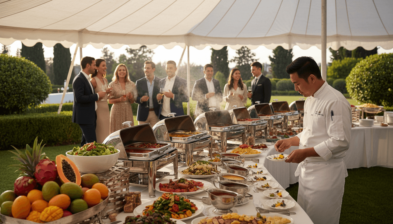 Caterer adjusting food on a buffet line