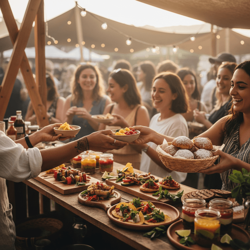 Buffet spread with chafing dishes and garnished platters at an outdoor event