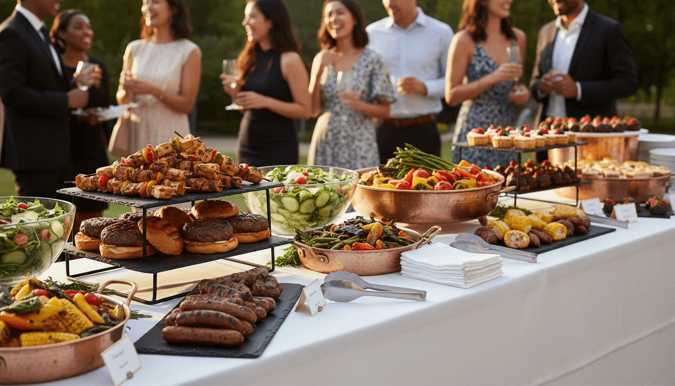 Catering buffet table with fresh appetizers and desserts at an outdoor event